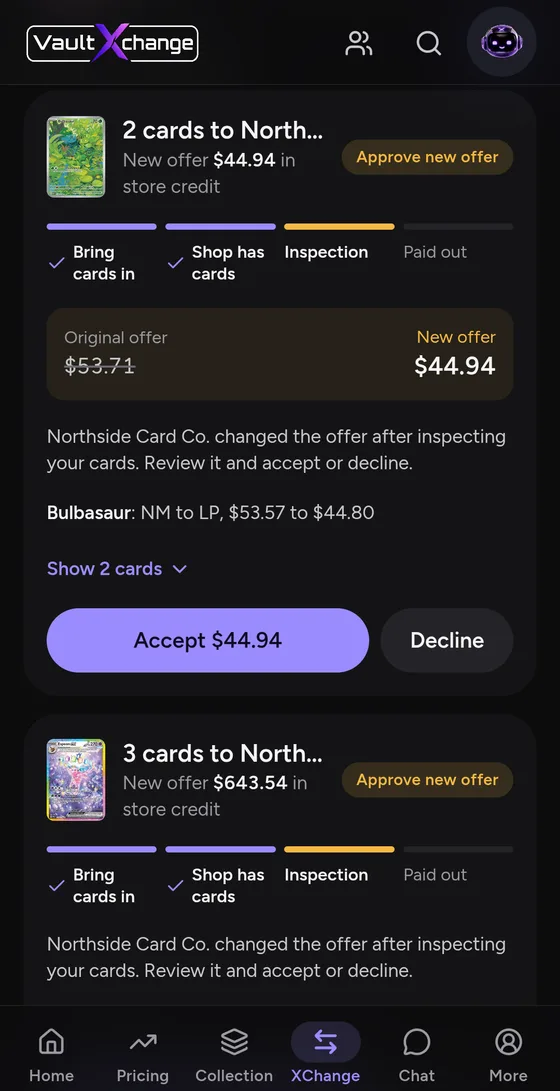 Android app: approve a new offer after the shop's inspection, $53.71 changed to $44.94