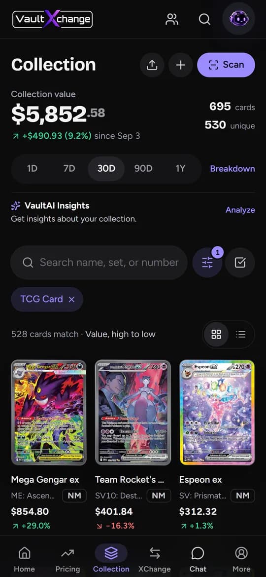 Collector collection grid with card values