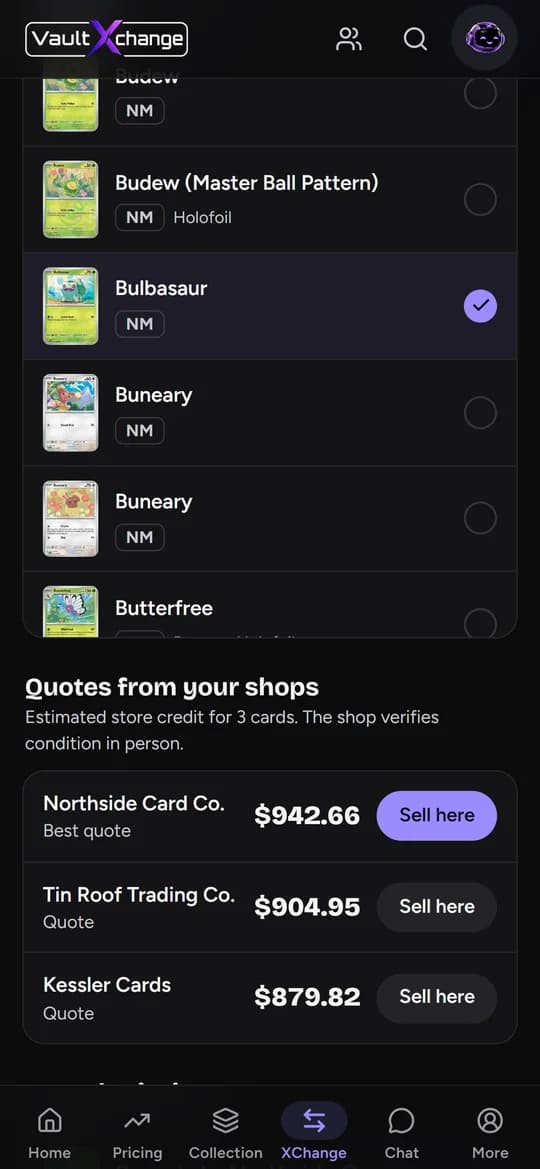 Sell Your Cards: estimated quotes from shops the collector has an account with