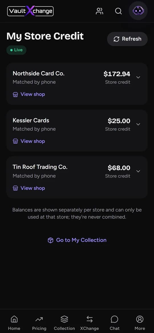 Collector store credit balances at three shops