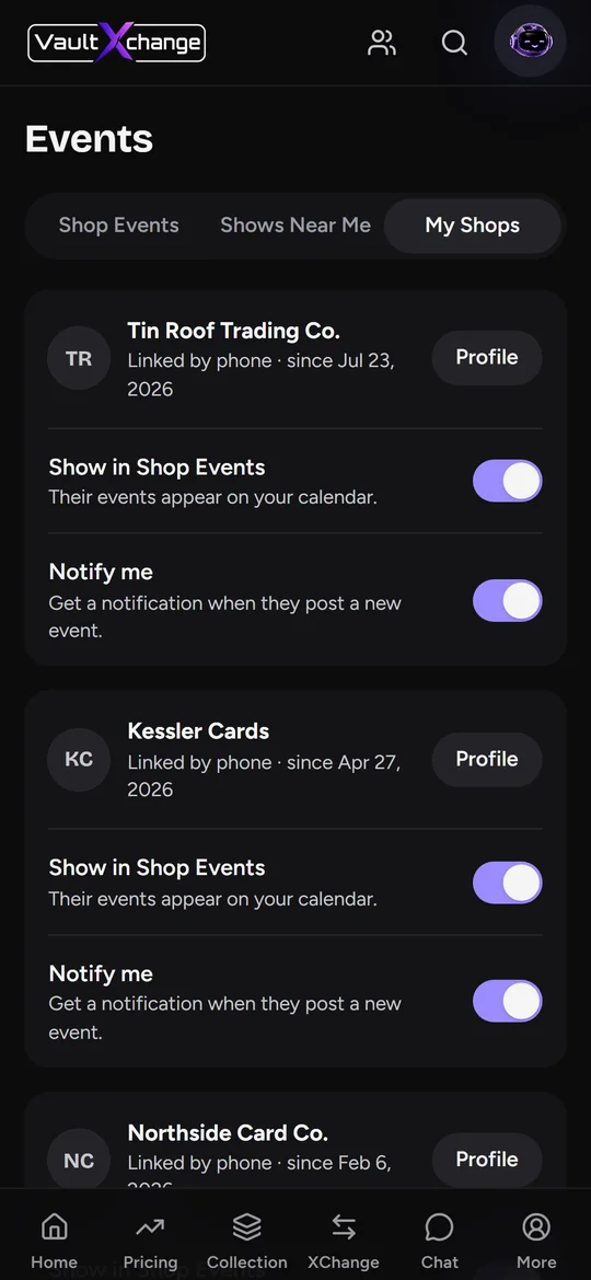 Events from the collector's shops with Notify me toggles