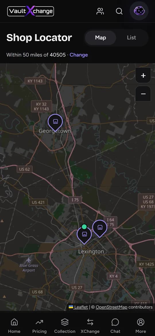 Shop Locator map with nearby VaultXchange shops