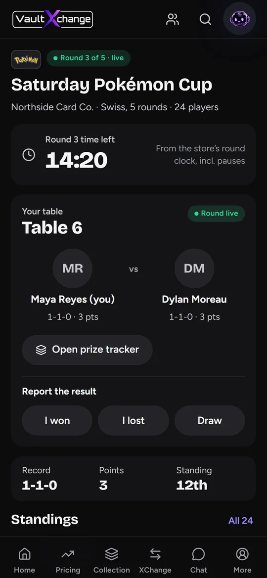 Collector view of a live tournament round