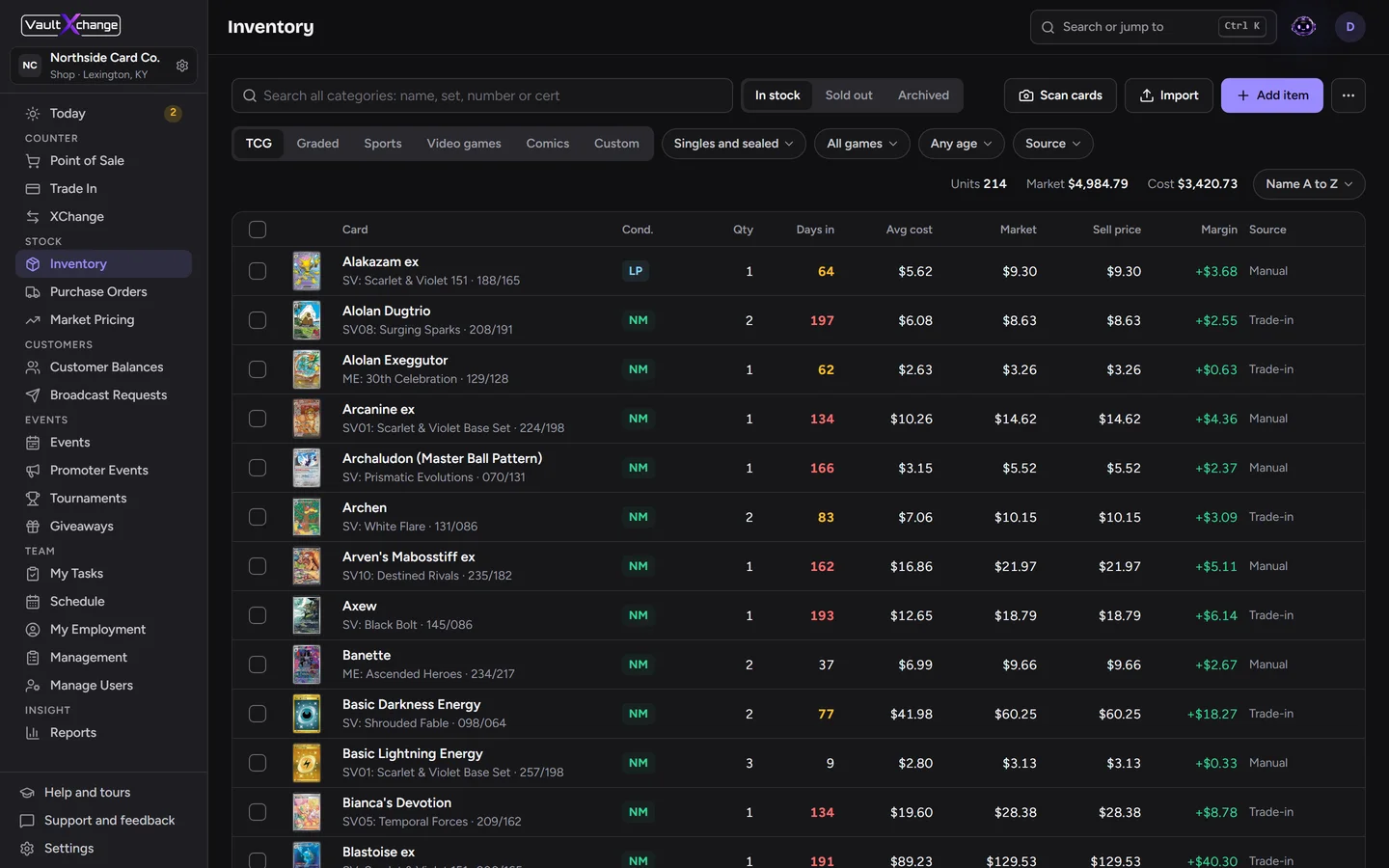 VaultXchange shop inventory with market price, cost and margin